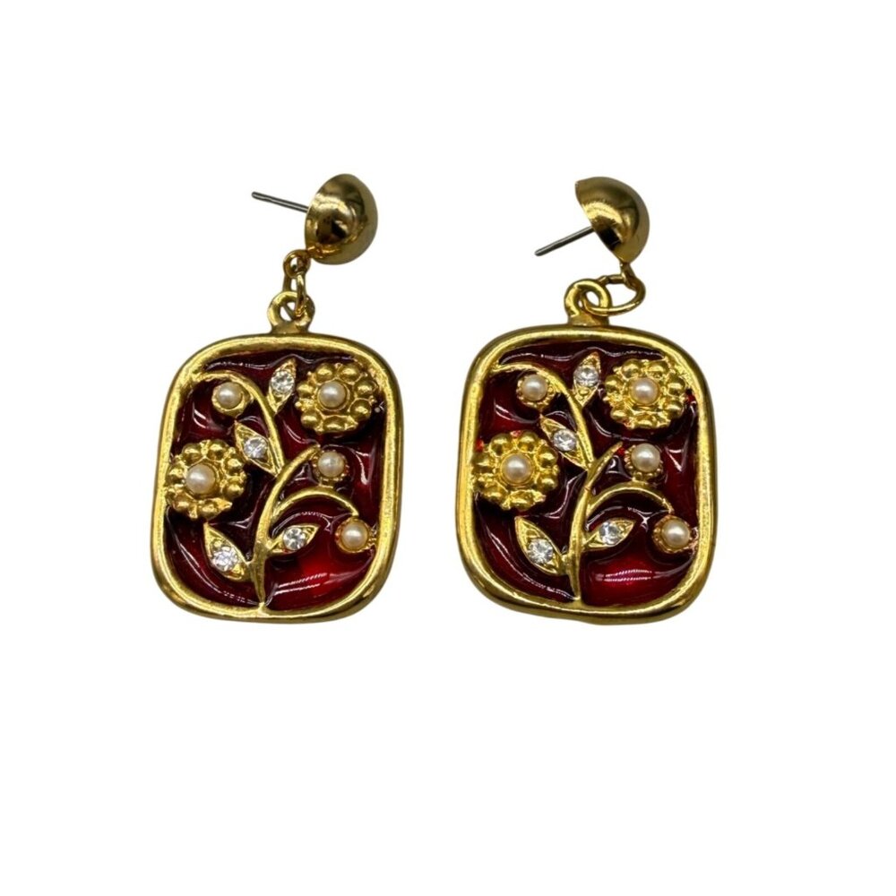 Earrings Dangle Floral Rhinestone Faux Pearls Enamel Asian Gold Tone - Picture 2 of 7